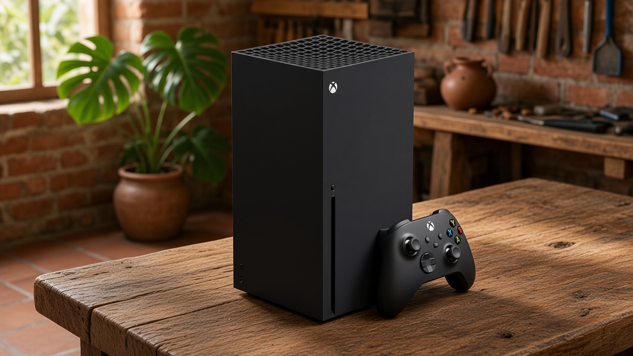 Disco de videojuego fuera de su caja apoyado sobre una superficie oscura, junto a la bandeja abierta de una consola